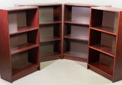 MODERN MAHOGANY EFFECT BOOKCASES (4), two 107cms H, 80cms W, 28cms D and two 107cms H, 60cms W,