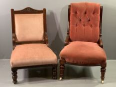 EDWARDIAN SALON CHAIRS (2) both in pink upholstery, one being button backed with reeded detail to