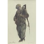 WILLIAM SELWYN print - standing farmer with scythe over his shoulder, signed in pencil, 19 x 13cms