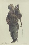 WILLIAM SELWYN print - standing farmer with scythe over his shoulder, signed in pencil, 19 x 13cms