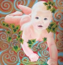 KAREN HUGHES oil on stretched canvas - entitled 'Baby and Swirls', 102 x 102cms