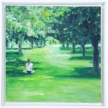 MORWENNA JONES oil on canvas - entitled 'Solitary Girl in Park', 45 x 45cms, while floating frame