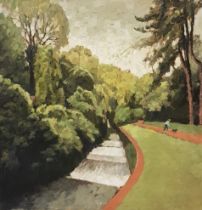 BRYN RICHARDS oil - entitled 'Roath Park Weir', 60 x 60cms, framed and glazed in