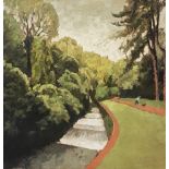 BRYN RICHARDS oil - entitled 'Roath Park Weir', 60 x 60cms, framed and glazed in