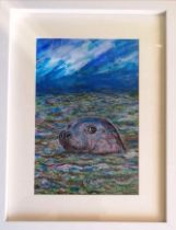 RAY THOMAS acrylic on board - entitled Grey Seal at Mumbles', 33 x 43cms, glazed and framed in