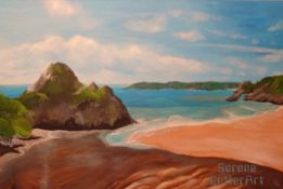 SERENA CUTLER acrylic on stretched canvas - entitled 'Three Cliff Bay', 50 x 60cms