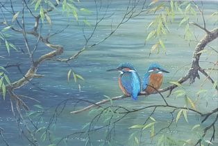 MICHAEL J CLARKE oil on board - entitled 'Kingfishers', 64 x 83cms, glazed and framed in mahogany