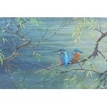 MICHAEL J CLARKE oil on board - entitled 'Kingfishers', 64 x 83cms, glazed and framed in mahogany