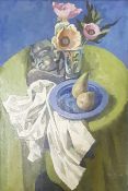 BRYN RICHARDS oil on board - entitled 'Pears and Table Cloth', 80 x 50cms, framed in white aged wood