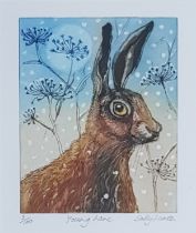 SALLY WINTER limited edition (3/100) watercolour etching - entitled 'Young Hare', signed, 33 x 31cm