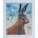 SALLY WINTER limited edition (3/100) watercolour etching - entitled 'Young Hare', signed, 33 x 31cm