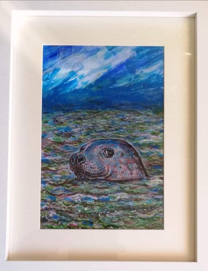 RAY THOMAS acrylic on board - entitled Grey Seal at Mumbles', 33 x 43cms, glazed and framed in - Image 2 of 2