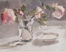 LYNNE CARTLIDGE oil on board - entitled 'Autumn Roses at Dusk', 49 x 58cms, superb white wooden