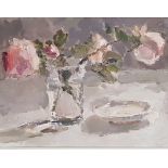 LYNNE CARTLIDGE oil on board - entitled 'Autumn Roses at Dusk', 49 x 58cms, superb white wooden