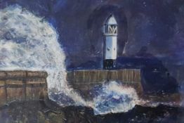 RAY THOMAS acrylic - entitled 'Porthcawl Lighthouse', 38 x 31cms, framed/glazed in white