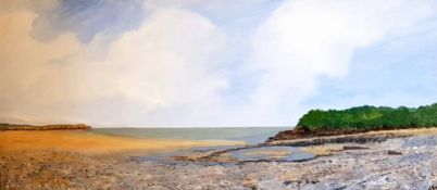 JILLY HICKS oil on canvas - entitled 'Watchtower Bay, Barry', 27 x 60cms