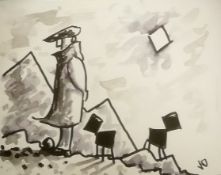 KARL DAVIES ink and watercolour - entitled 'Farmer', 25 x 30cms, glazed and framed in black