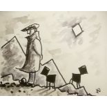 KARL DAVIES ink and watercolour - entitled 'Farmer', 25 x 30cms, glazed and framed in black