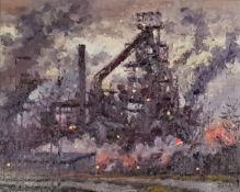 DAVID GRIFFITHS oil on board - The Steelworks, Port Talbot, 54 x 64cms, beautiful white wooden