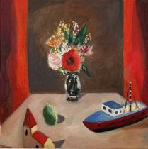 EMRYS WILLIAMS oil on linen - entitled 'Flowers, Boat and Church', 30 x 30cms, stretched on wooden