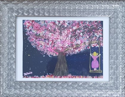 JOANNE DAVES mixed media, a pair - entitled 'Girl on a Swing', each 30 x 40cms, framed in silver