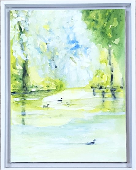 MORWENNA JONES acrylic on paper stamped on canvas - entitled 'The Lake', 68 x 45cms, white