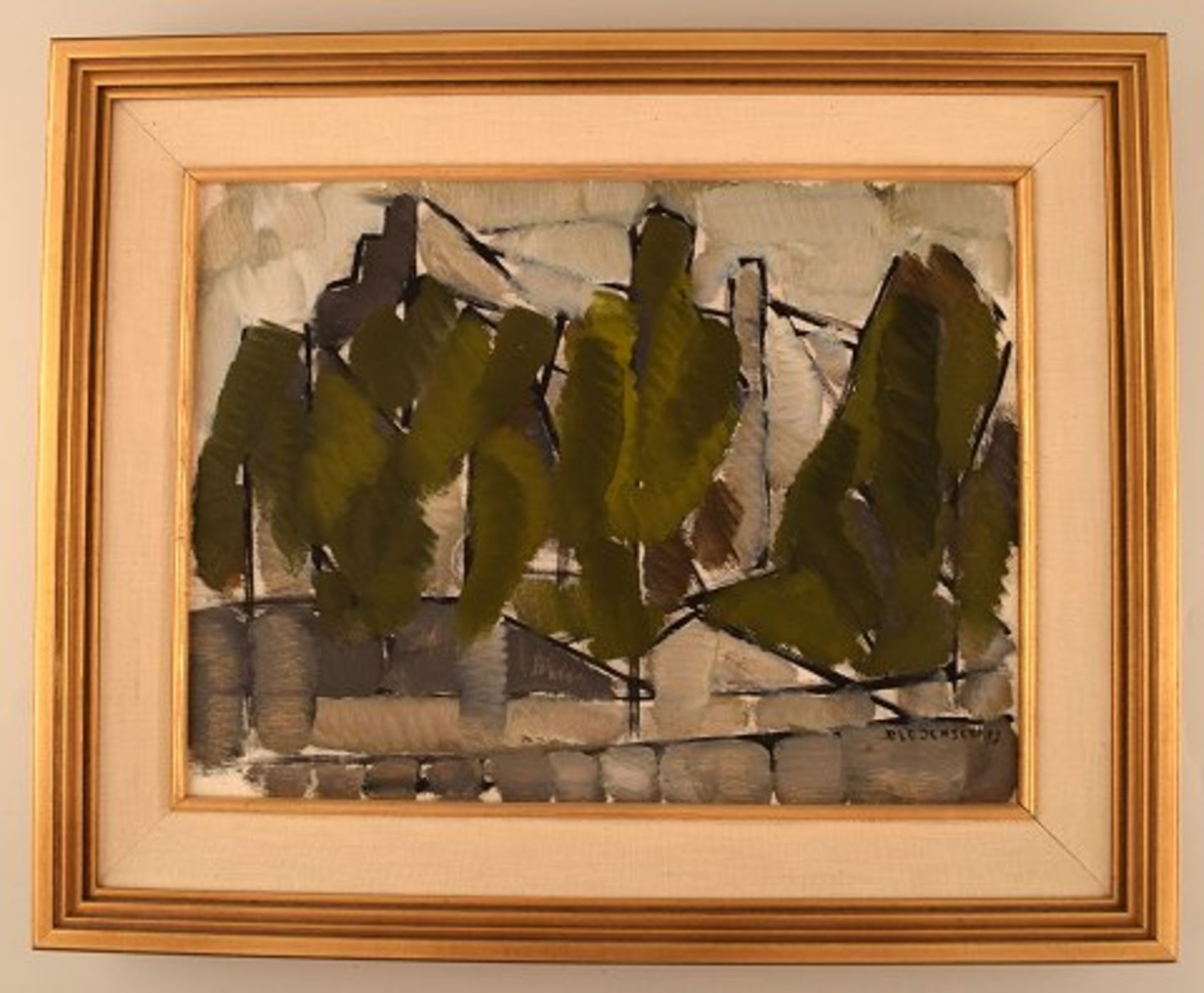 Ole Jensen, dänischer Künstler. Öl auf Leinwand. Modernistische Landschaft mit Bäumen. Datiert 1952.