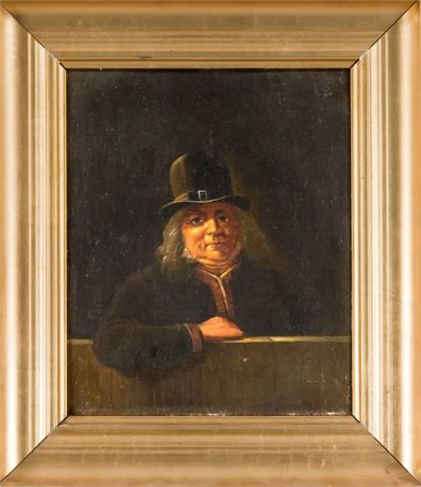 Bildnismaler des 19. Jh., Bildnis eines älteren Mannes mit längerem Haar und Hut auf einem Sims