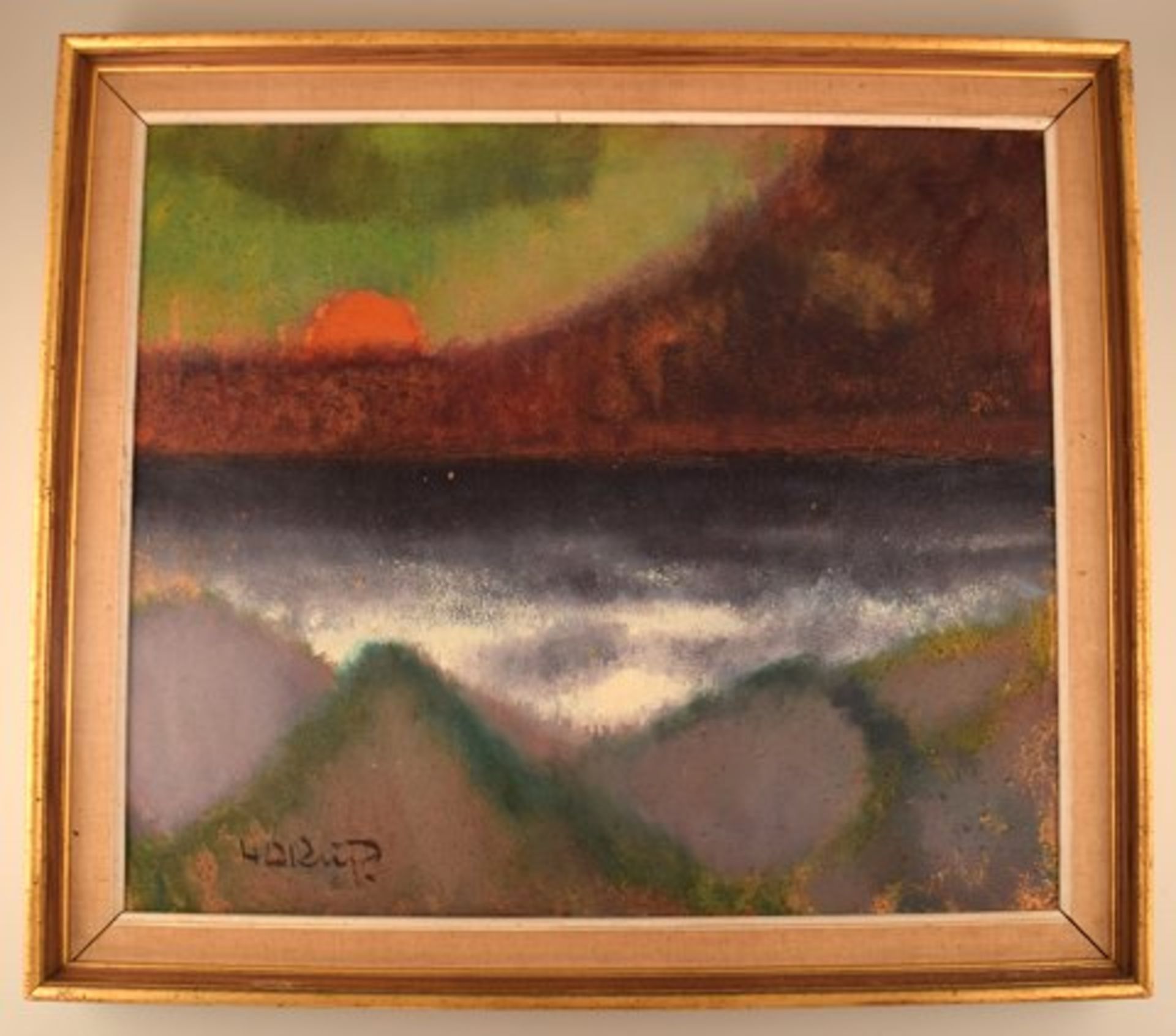 Knud Horup (1926-1973), Dänemark. Öl auf Leinwand. Modernistische Landschaft mit Sonnenuntergang.