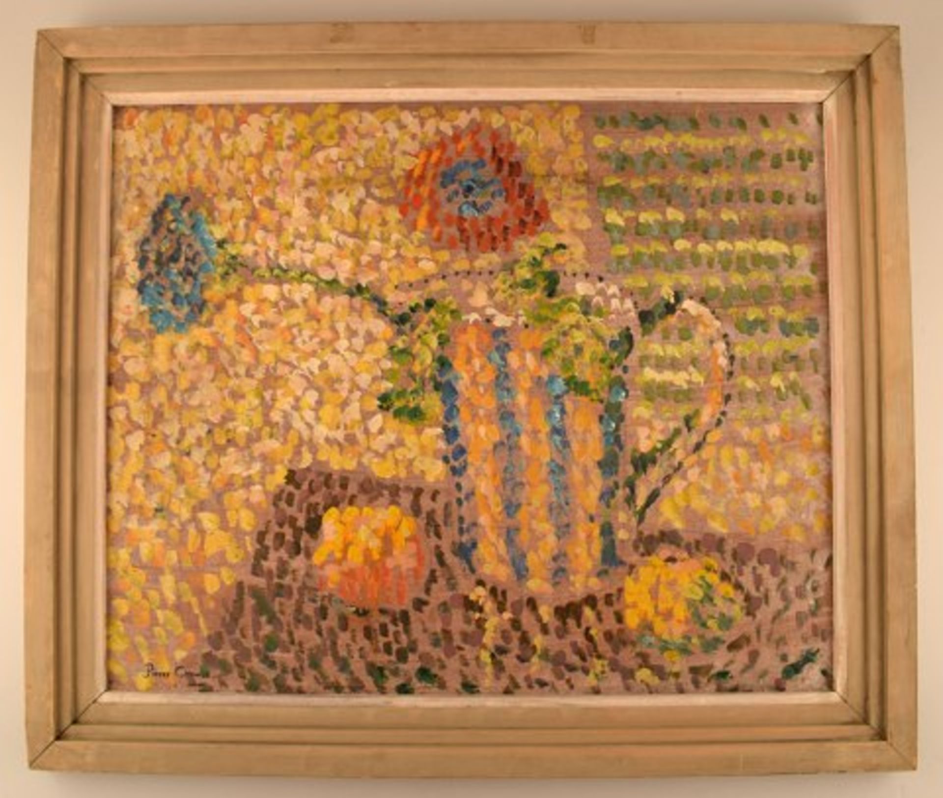 Pierre Chowee (?) Öl auf Platte. Stillleben mit Blumen im Krug im pointilistischen Stil. 1960er