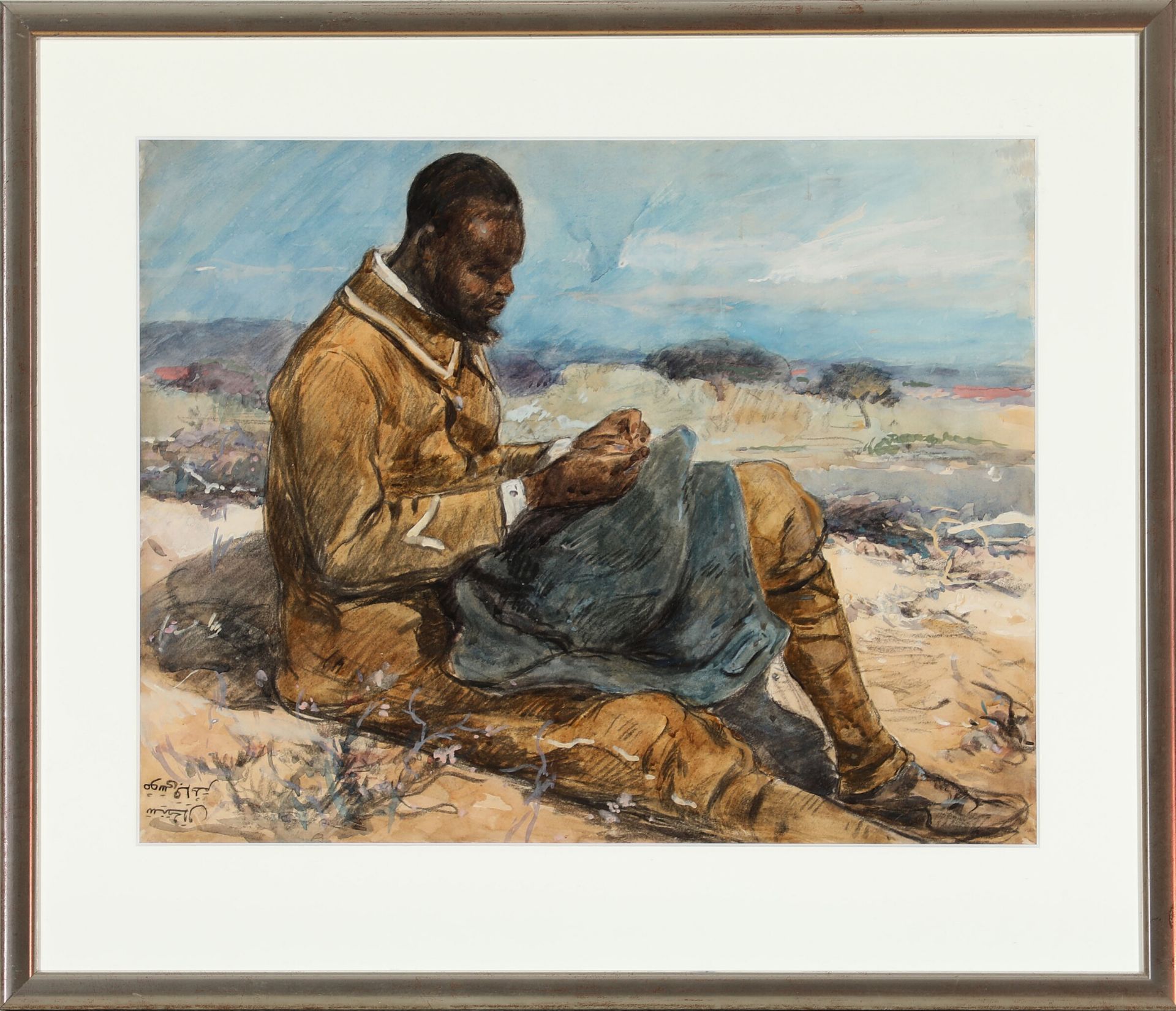 Französischer Soldat aus dem Senegal (un tirailleur sénégalais) in Landschaft. Signiert/bez. In