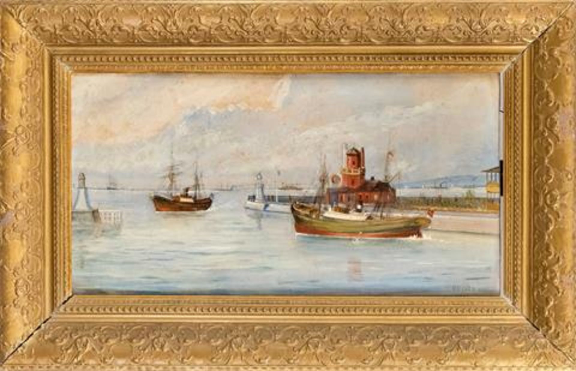 Skandinavischer Maler um 1900, Hafenszene, Öl auf Karton, Monogr. "OB" u. dat. 1904, 32 x 60 cm,