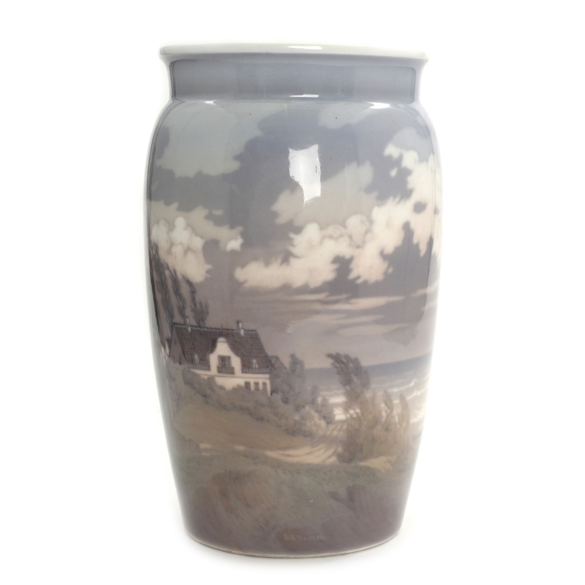Dahl-Jensen Porzellan Vase. Unikat. Unterglasurbemalung mit Küstenszenerie. Signiert Arth. Boesen.