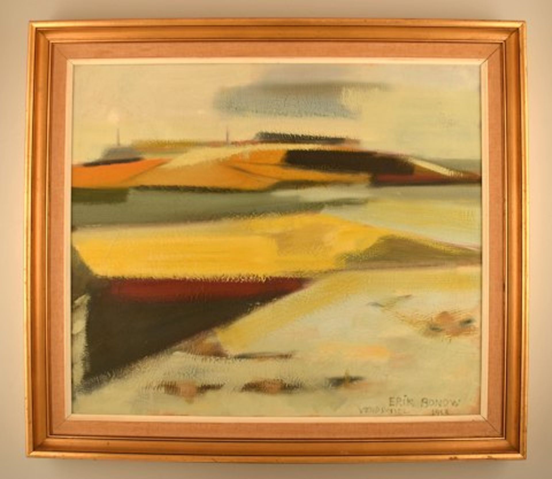 Erik Bonow, dänischer Maler. Öl auf Leinwand. "Vendsyssel", 1963. Sig. Ca. 59x69cm. KOSTENLOSER