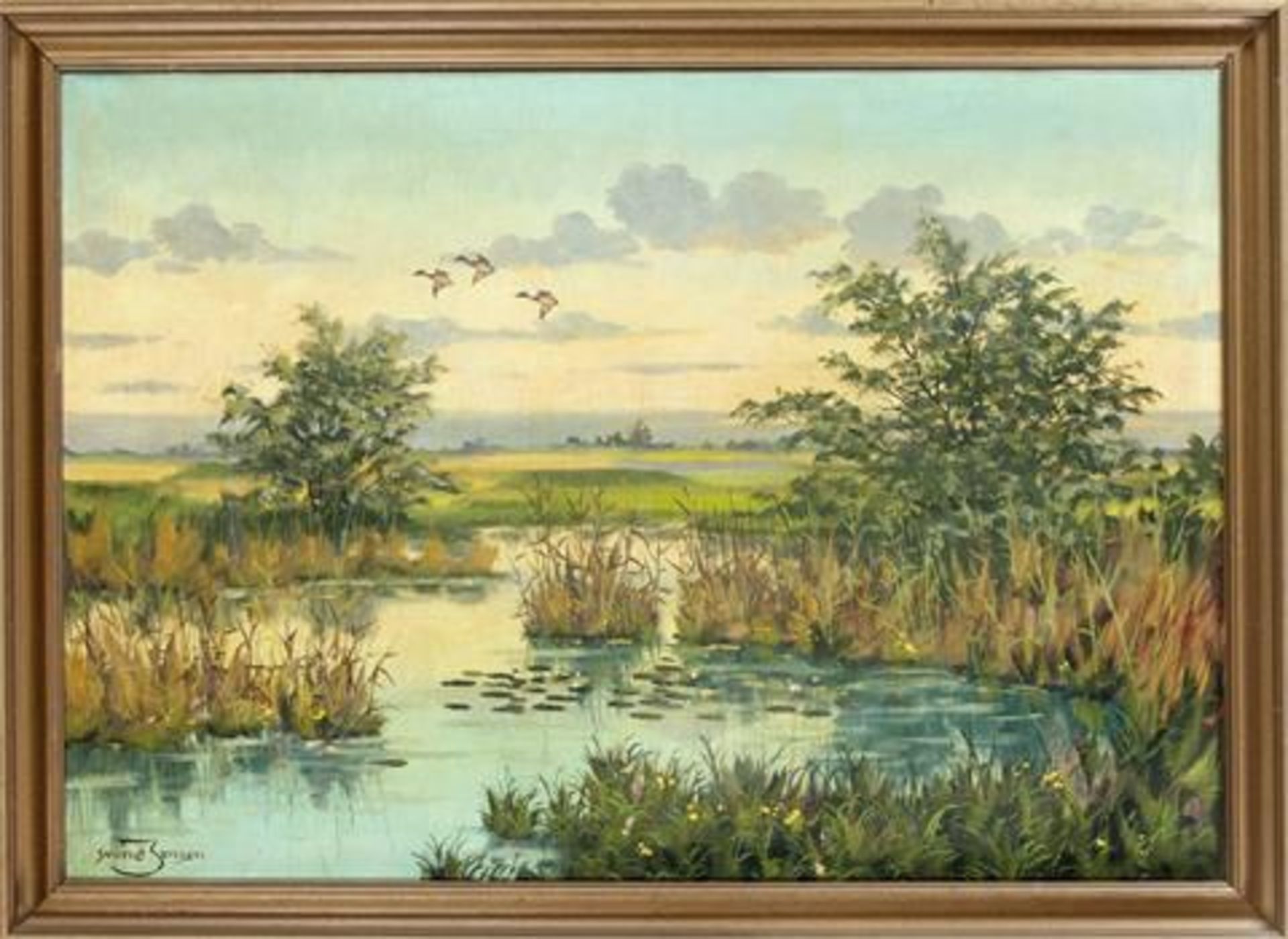 Kim S. Jensen (1947-2000). Landschaft mit auffliegenden Enten, Öl auf Lwd., u. li. sign.,47 x 67 cm,
