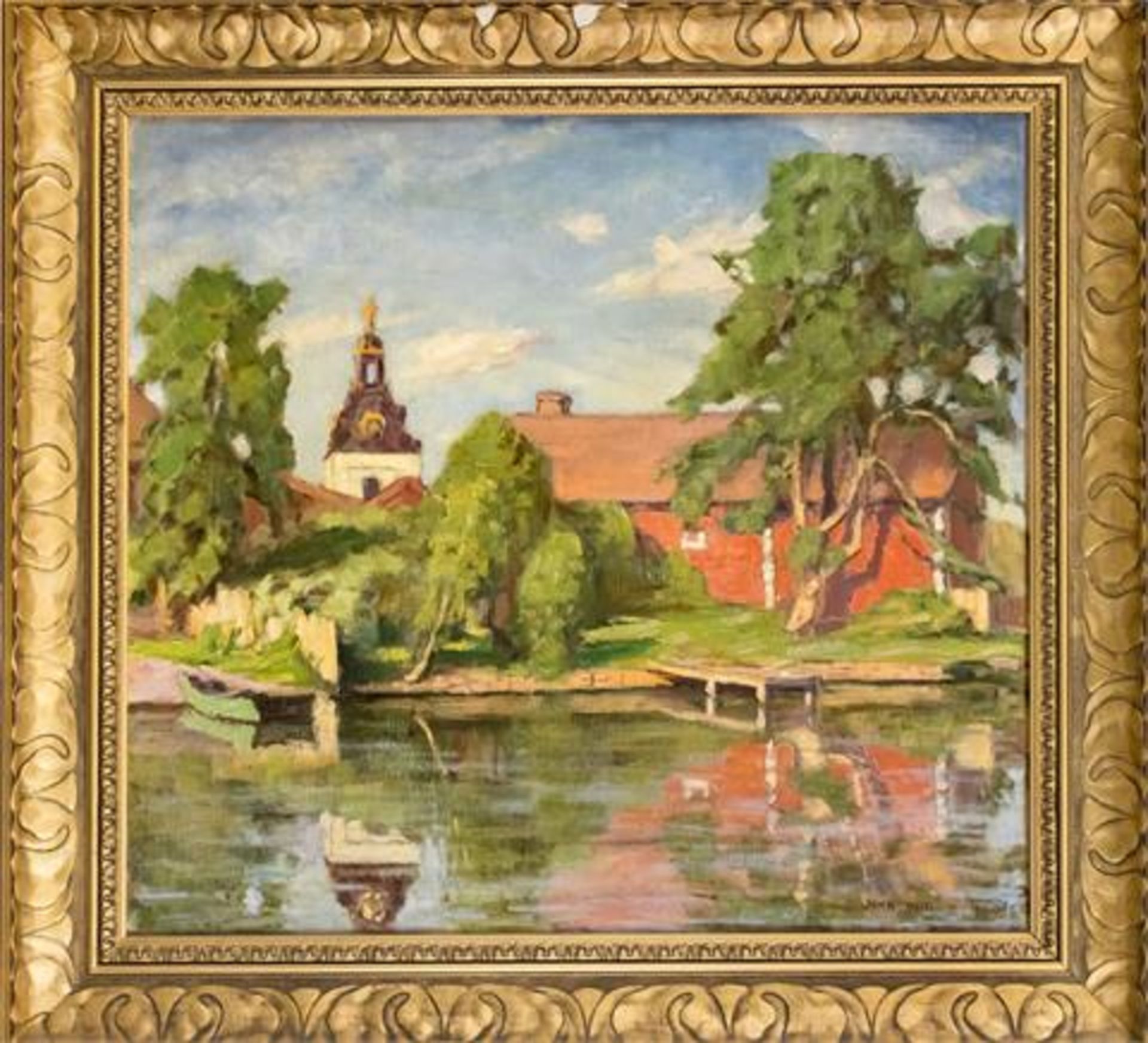 John Nyström (1888-1945), schwedischer Maler, sommerliche Dorfszenerie am Kanal, Öl auf Lwd., u. re.