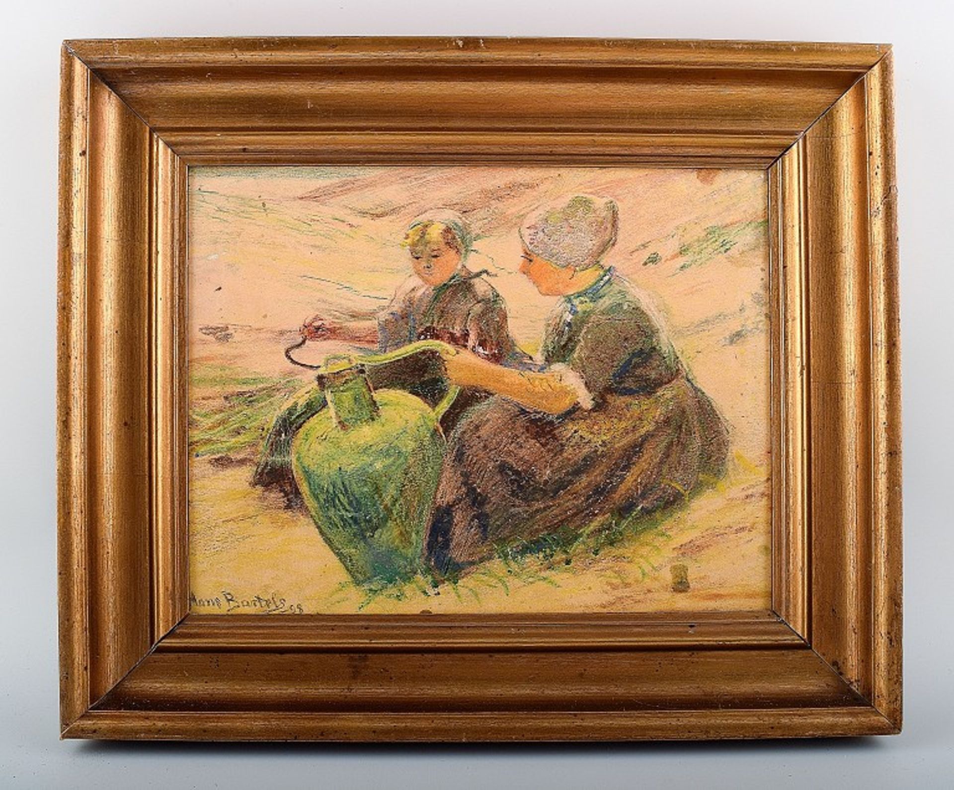 Hans von Bartels. Zwei Mädchen in den Dünen. Ölkreide/Lw. Sig. & Dat. 1898. Maß ca. 23x29cm. Rahmen.