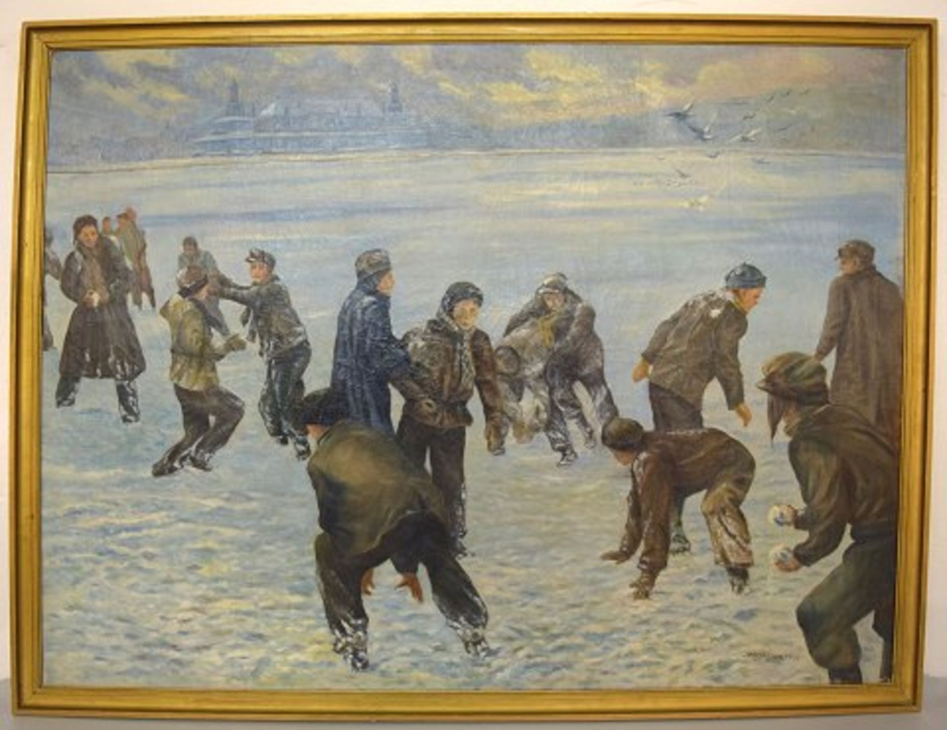 Johannes Nielsen. Schneeballschlacht auf zugefrorenem See in Kopenhagen. Öl/Lw. Sig. Maß ca.