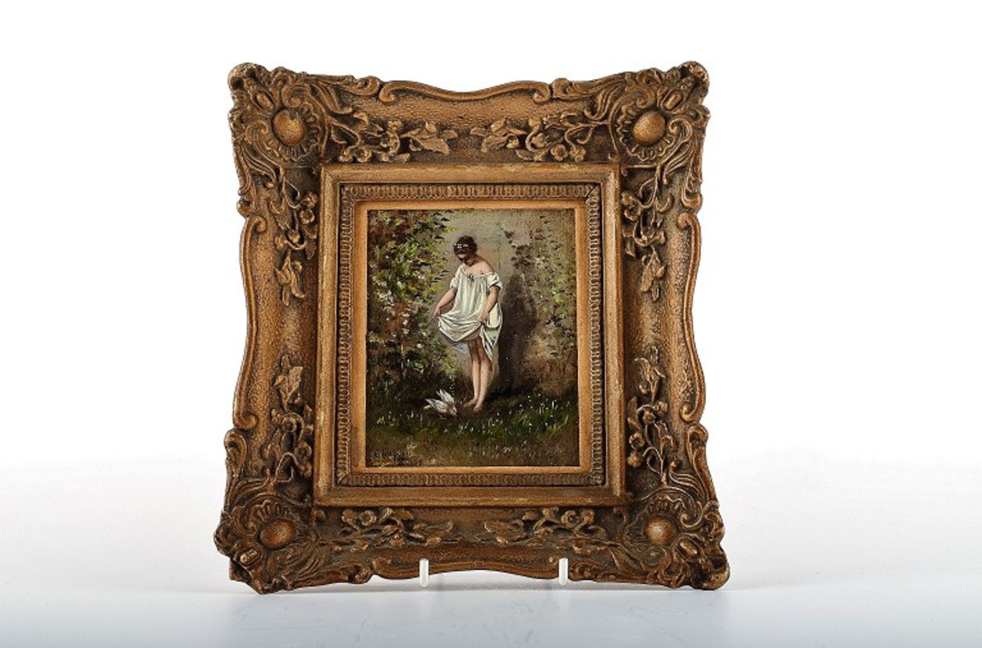 Französischer Maler des 19.Jhdt. Mädchen. Öl/Holz. Sig. Maß ca. 9x11 cm. Rahmen. .