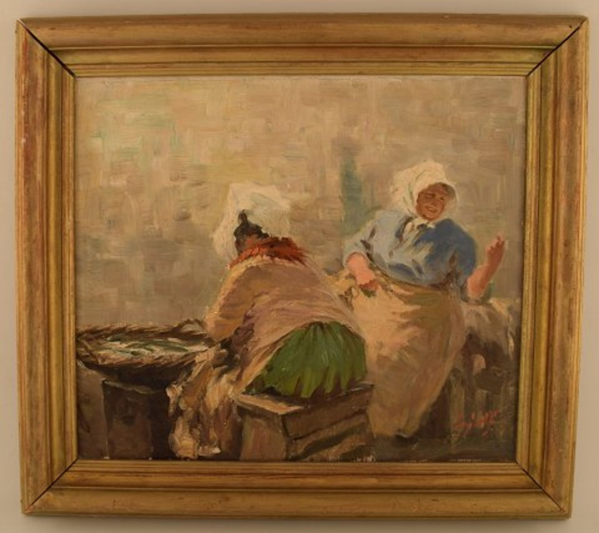 S. C. Bjulf (1890-1958). Fischverkäuferinnen in Kopenhagen. Öl/Lw. Sig. Maß ca. 37 cm. x 32 cm.