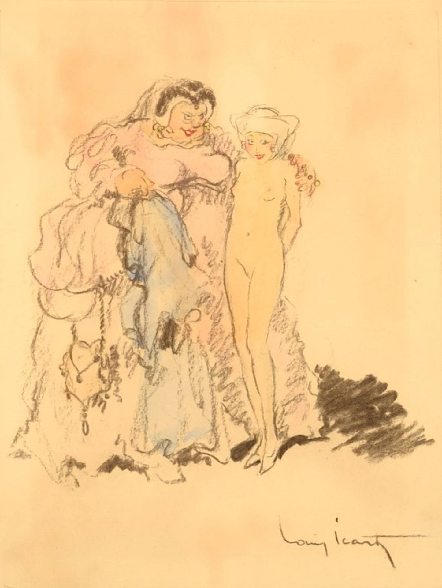 Louis Icart (1888-1950). Junge schöne Frau mit Bordellmutter. Aquarelierte Zeichnung.