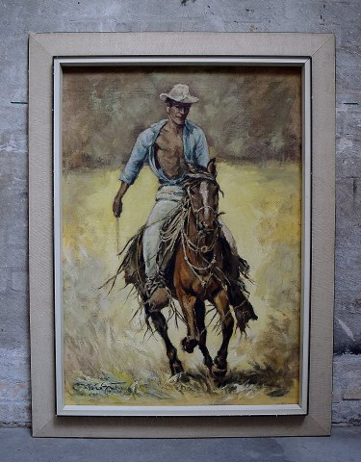 Nichtidentifizierter Künstler. Cowboy, bzw Wildwest Remington Stil. Öl/Lw. Maß ca. 100 x 68 cm.