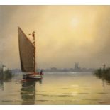 ^ CHARLES ARTHUR HANNAFORD JUNIOR R.B.A. (BRITISH 1887-1972) NORFOLK WHERRY AT SUNSET