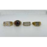 Four chunky diamond and agate 9ct gold rings( 18.6 g )