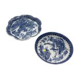 18th Century Caughley blue and white Saucer fisherman pattern together with a further Late 18th Cent