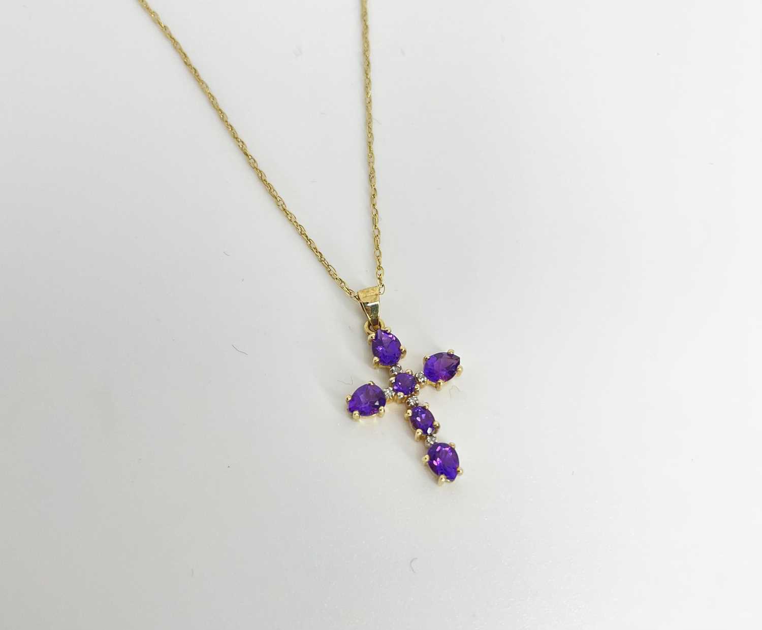 9ct Gold Amethyst And Diamond Cross Pendant Necklace, chain. 18 inches