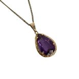9ct Gold And Pear Shaped Amethyst Necklace, chain, 17 inches( 6.3g)