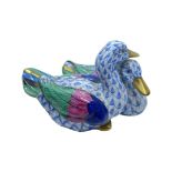 Pair of Herend Conjoined Ducks in Blue Fishnet Pattern.