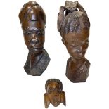 A mixed lot comprosing 2 mid 20th century African carved hardwood busts