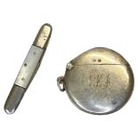 Mixed Lot, Circular Vesta Case, Birmingham 1912, 17 g. and a Mother of Pearl Handled Fruit Knife